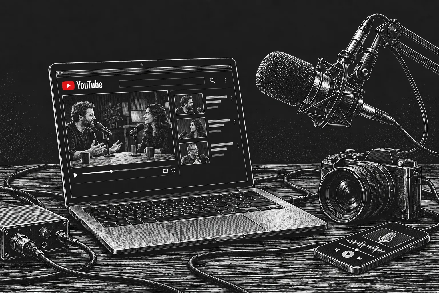 An engraved studio desk with a YouTube interview playlist on a laptop and a podcast audio player on a phone.